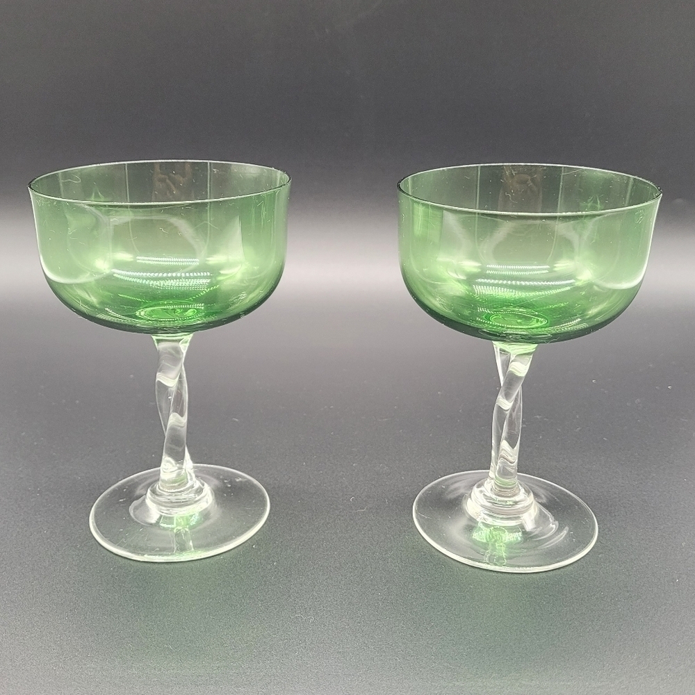 CHAMPAGNE/SHERBET GOBLETS Set of 2 Pale Green Coupe Bowl/Clear Cut Stem Vintage‍